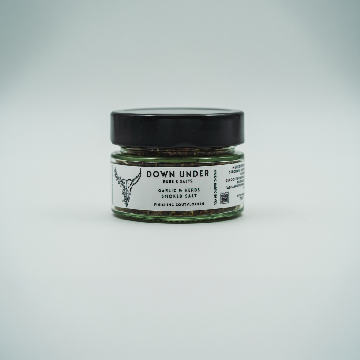 Dicht glazen potje Garlic & Herbs kruidenmix met herkenbaar etiket van Down Under Rubs.