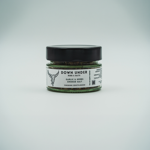 Dicht glazen potje Garlic & Herbs kruidenmix met herkenbaar etiket van Down Under Rubs.